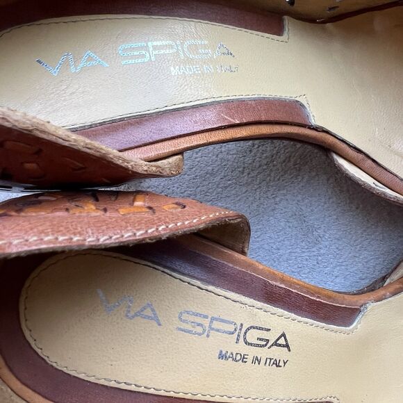 Via Spiga Tan Woven Leather Open Toe Heels Women 8.5 Cut Outs Flower Casual - Picture 14 of 16